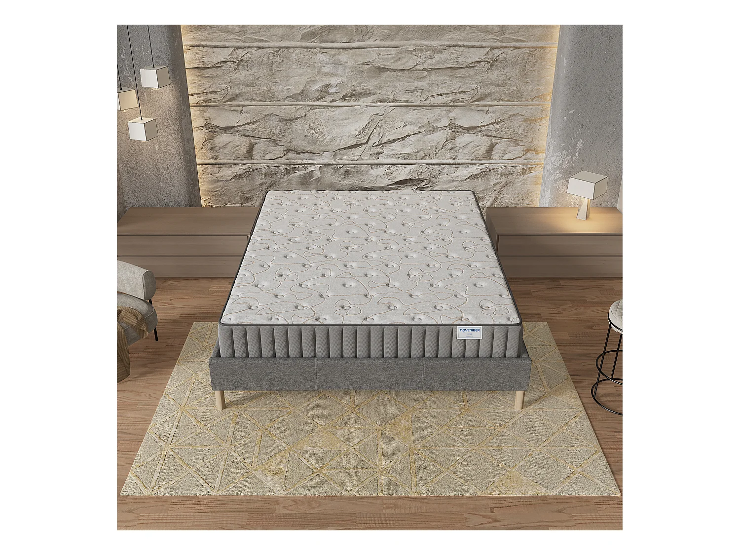 Ensemble matelas mémoire de forme + sommier 140x190cm, Matelas 16cm d’épaisseur et sommier tissu gris