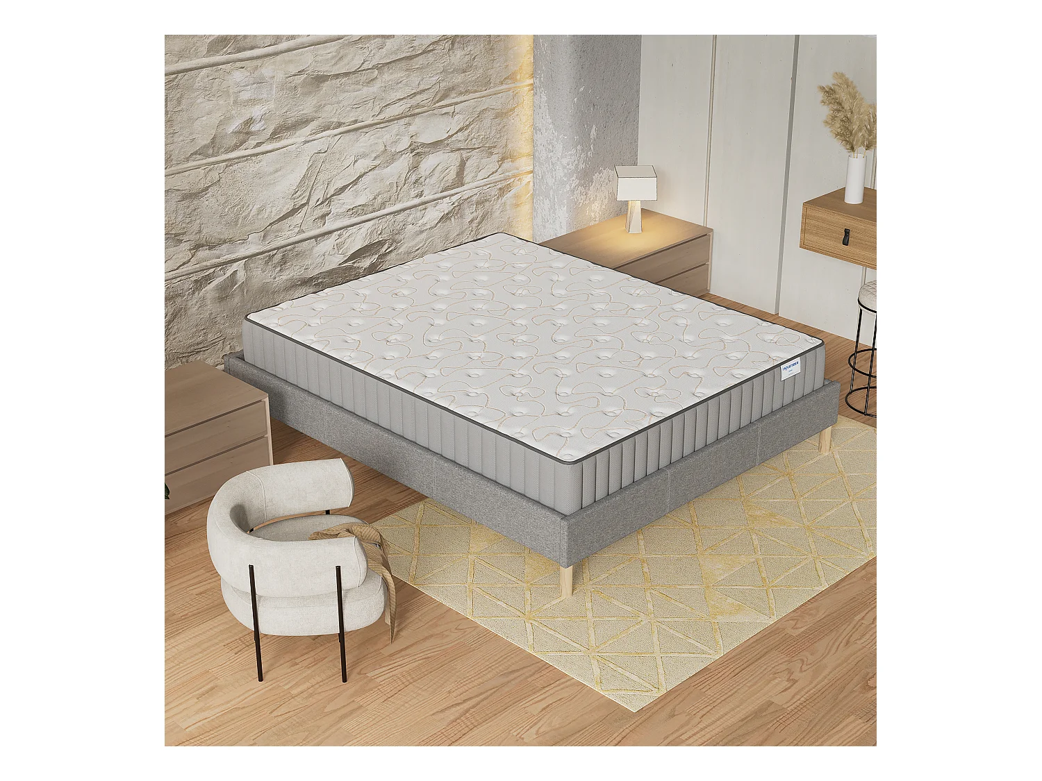 Ensemble matelas mémoire de forme + sommier 140x190cm, Matelas 16cm d’épaisseur et sommier tissu gris