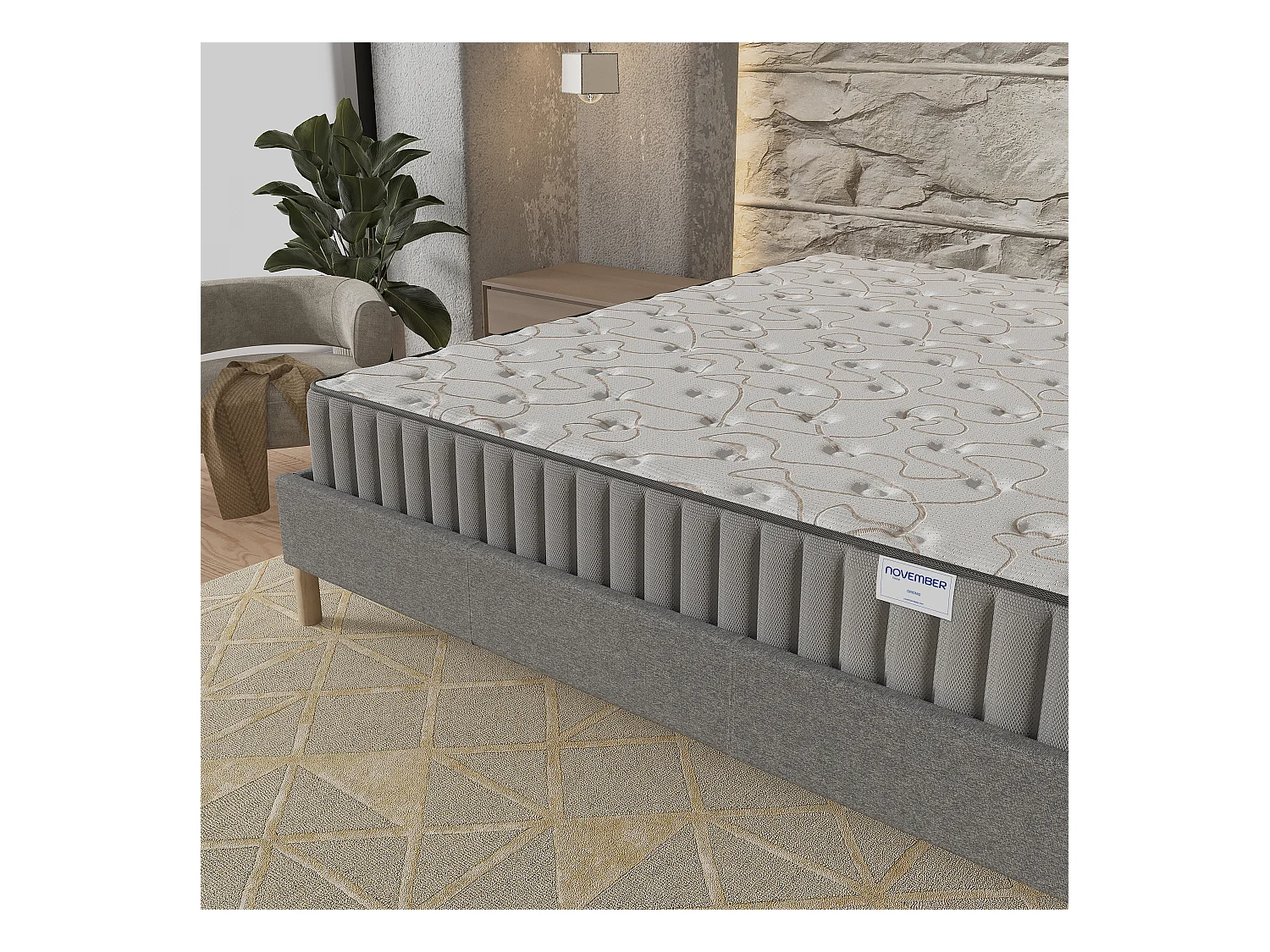 Ensemble matelas mémoire de forme + sommier 140x190cm, Matelas 16cm d’épaisseur et sommier tissu gris