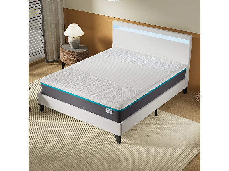 Ensemble Matelas Mousse + Lit Avec Tête De Lit 140x200cm Epaisseur 28cm Equilibré Accueil Latex