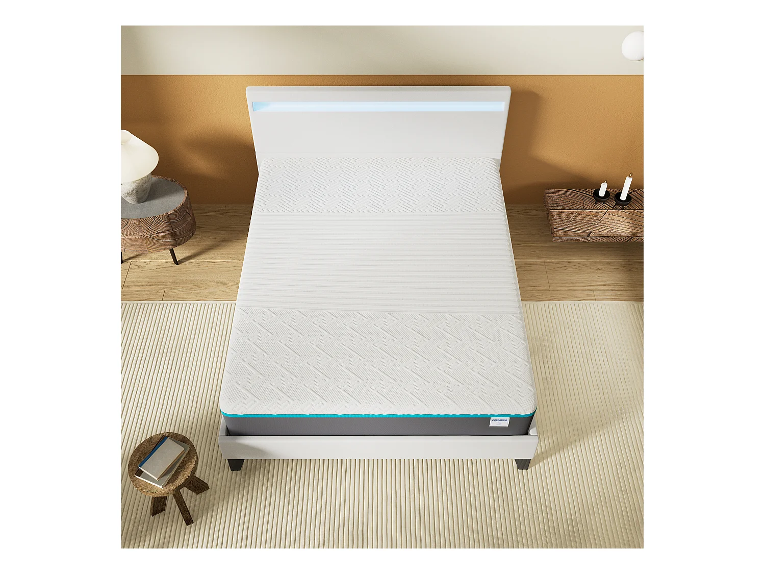 Ensemble Matelas Mousse + Lit Avec Tête De Lit 140x200cm Epaisseur 28cm Equilibré Accueil Latex