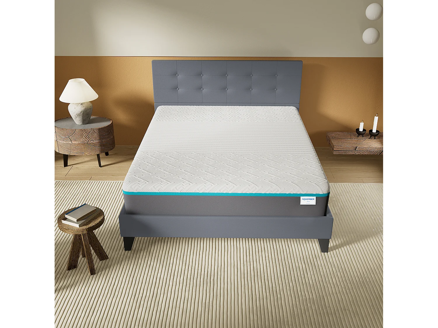 Ensemble 140x200 cm, lit avec tête de lit + Matelas mousse latex ép.28cm accueil à mémoire de forme