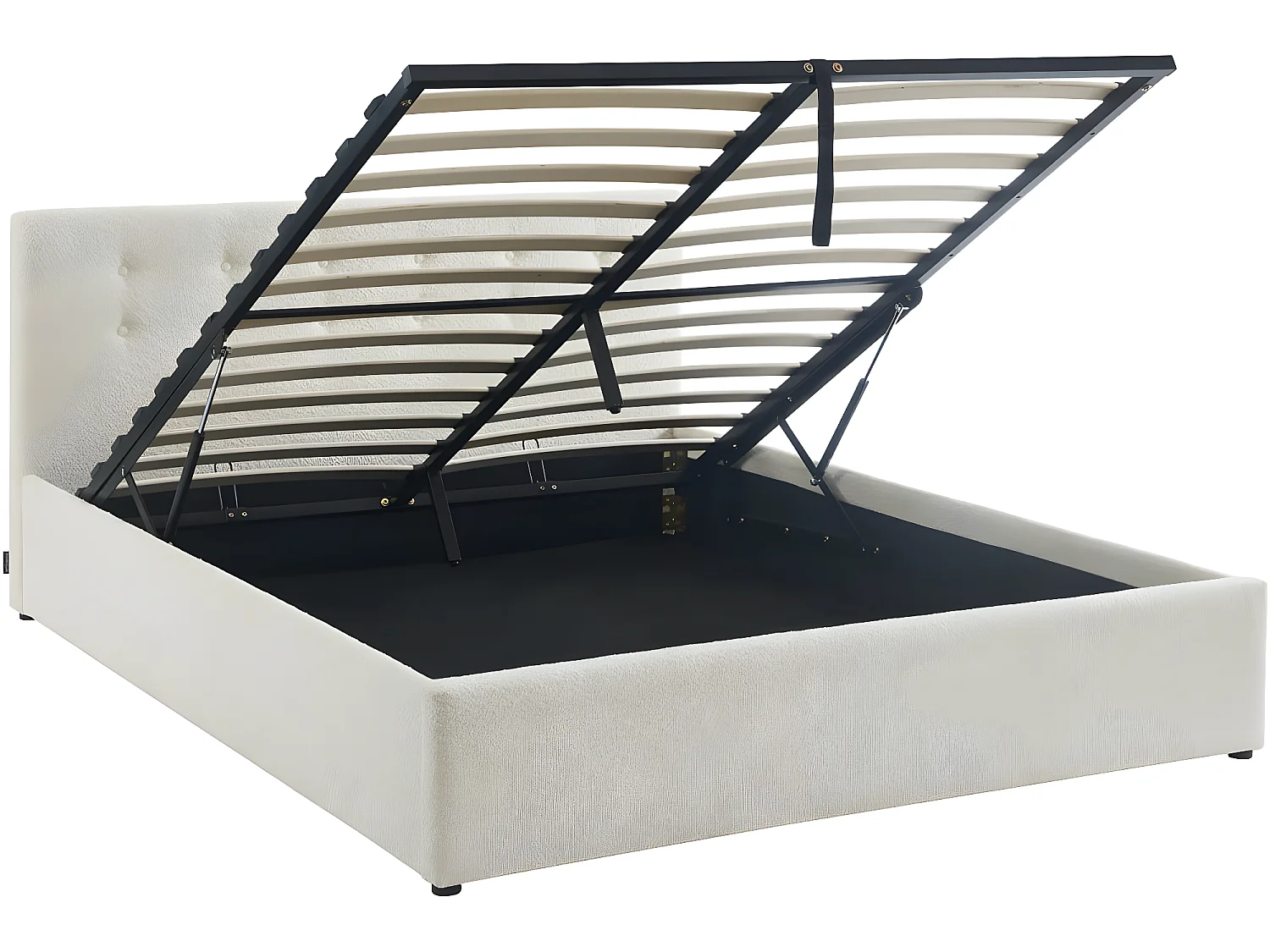 Lit coffre 160x200 en tissu bouclé écru avec tête de lit et sommier à lattes - Tina