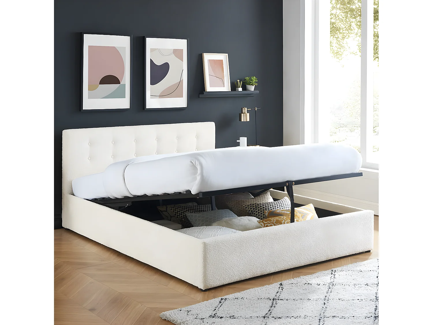 Lit coffre 160x200 en tissu bouclé écru avec tête de lit et sommier à lattes - Tina