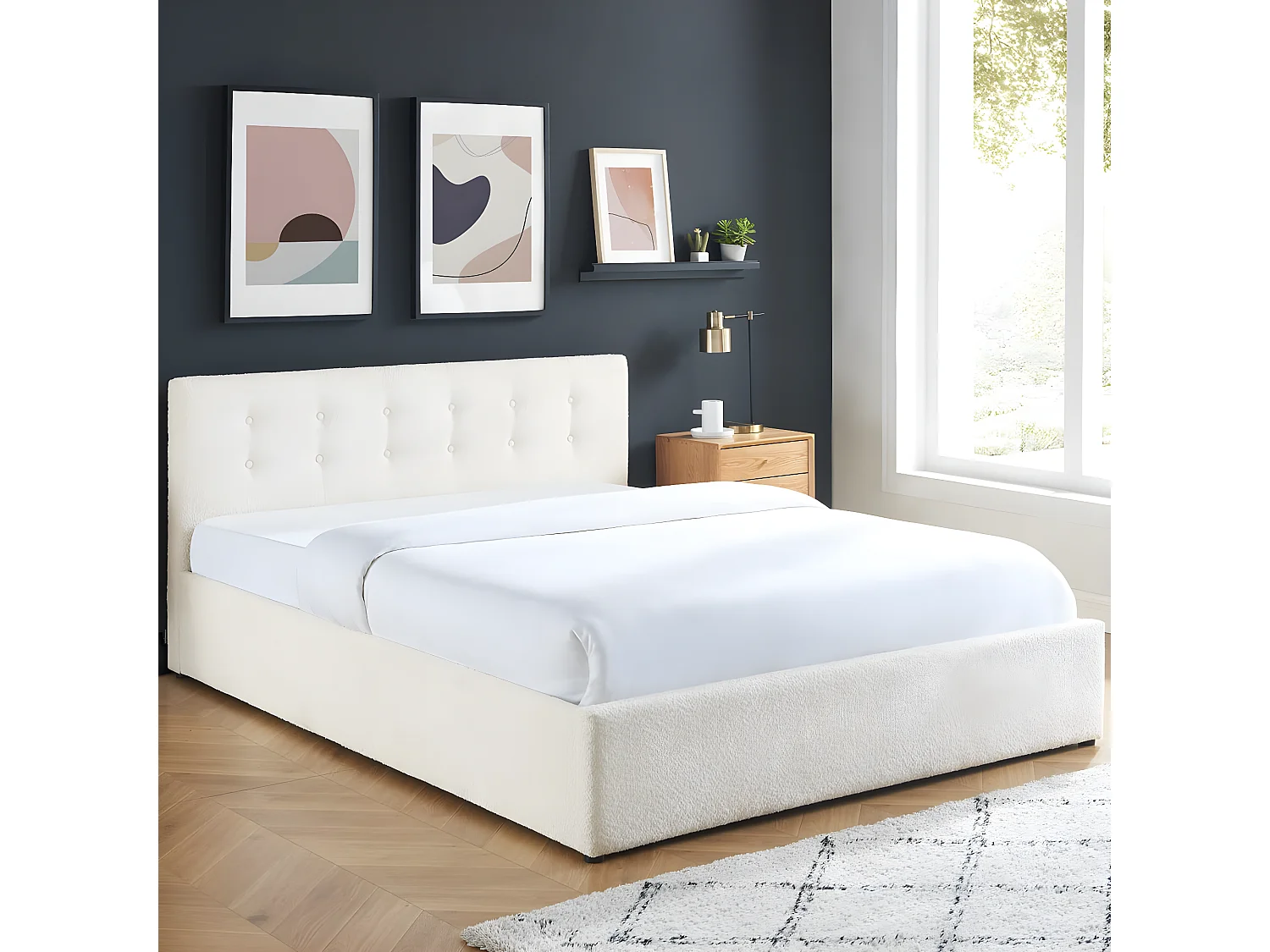 Lit coffre 160x200 en tissu bouclé écru avec tête de lit et sommier à lattes - Tina