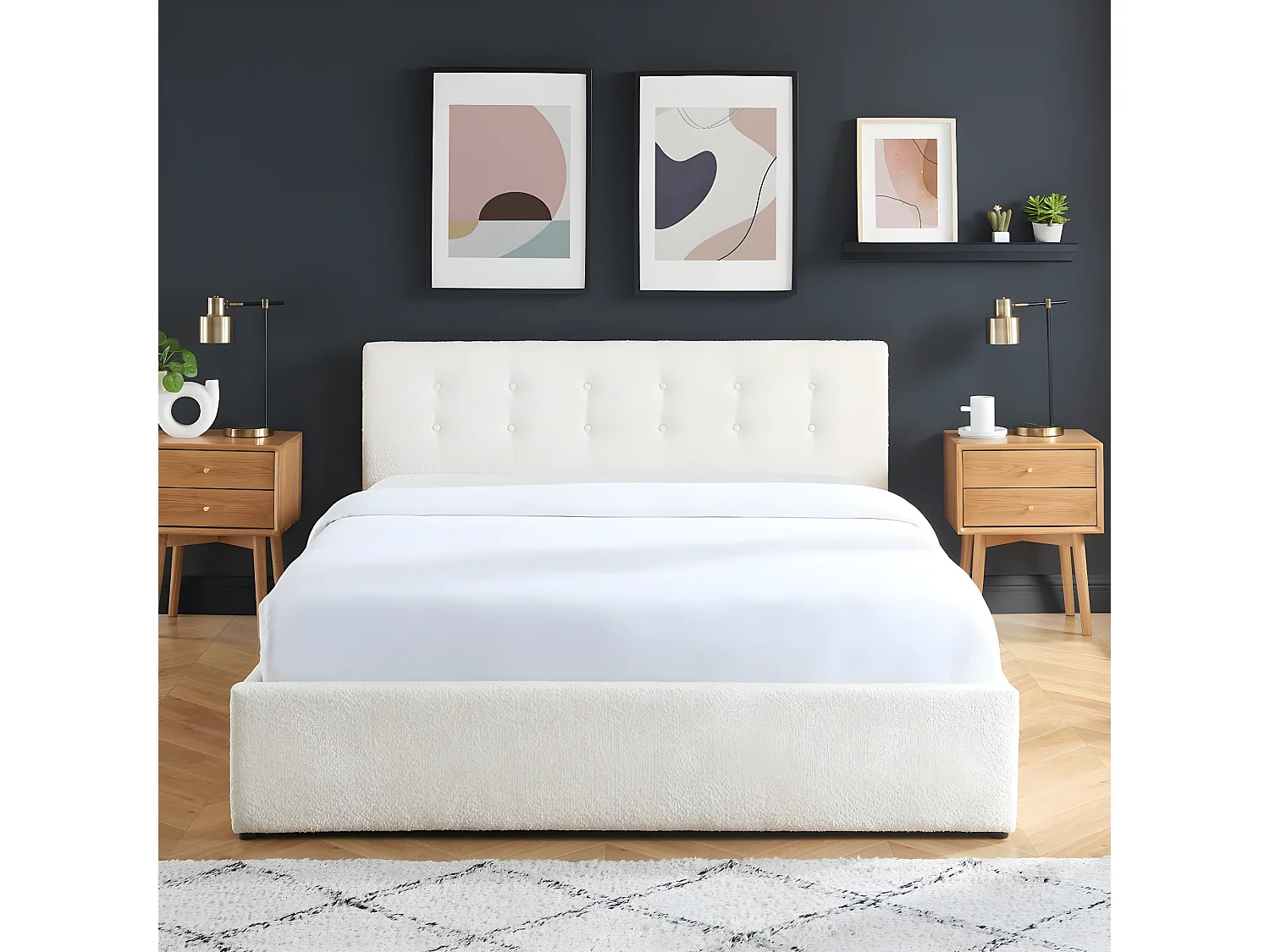 Lit coffre 160x200 en tissu bouclé écru avec tête de lit et sommier à lattes - Tina
