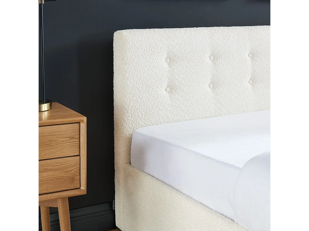 Lit coffre 160x200 en tissu bouclé écru avec tête de lit et sommier à lattes - Tina