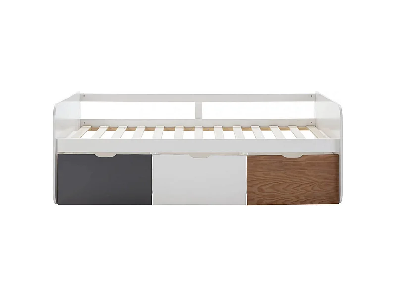 ZELLA - Lit 90x190cm + 3 Tiroirs Blanc, Gris et Effet Bois