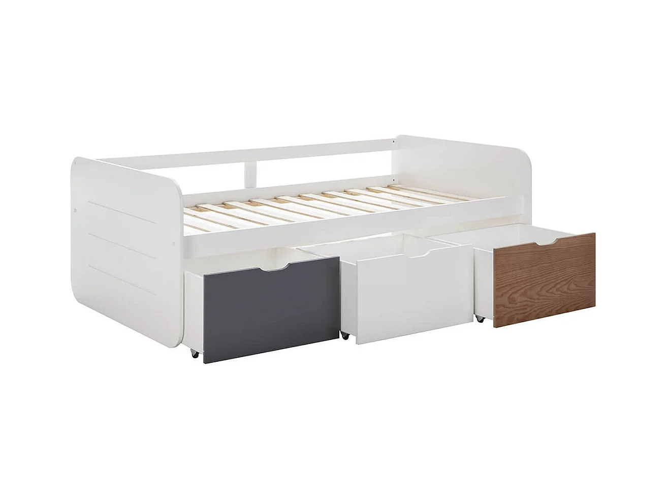 ZELLA - Lit 90x190cm + 3 Tiroirs Blanc, Gris et Effet Bois