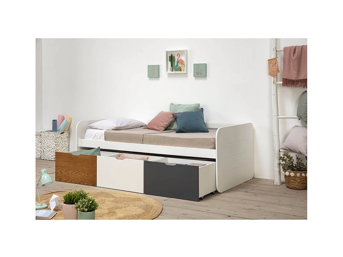 ZELLA - Lit 90x190cm + 3 Tiroirs Blanc, Gris et Effet Bois