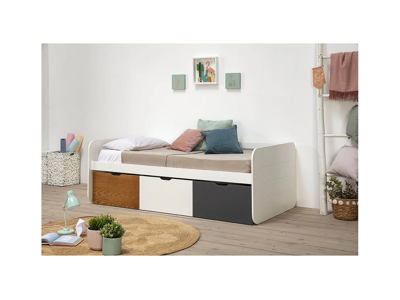 ZELLA - Lit 90x190cm + 3 Tiroirs Blanc, Gris et Effet Bois