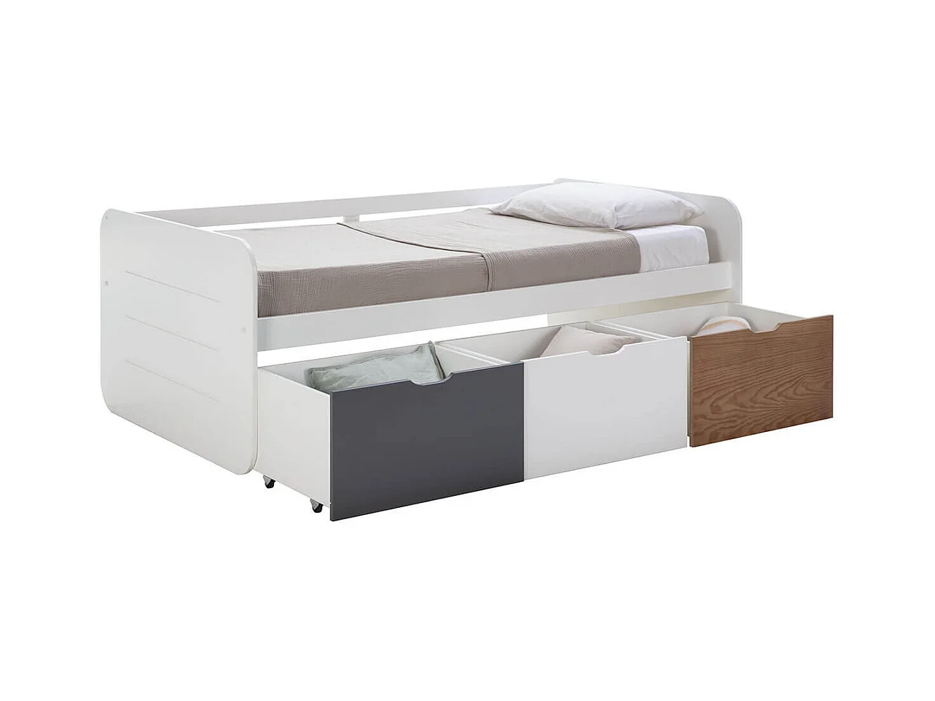 ZELLA - Lit 90x190cm + 3 Tiroirs Blanc, Gris et Effet Bois