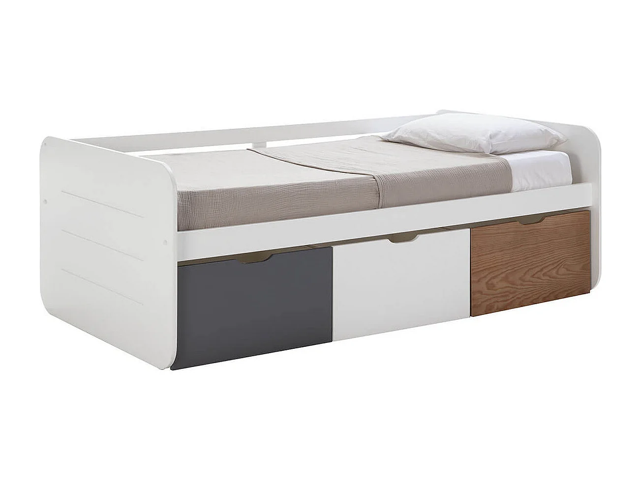 ZELLA - Lit 90x190cm + 3 Tiroirs Blanc, Gris et Effet Bois