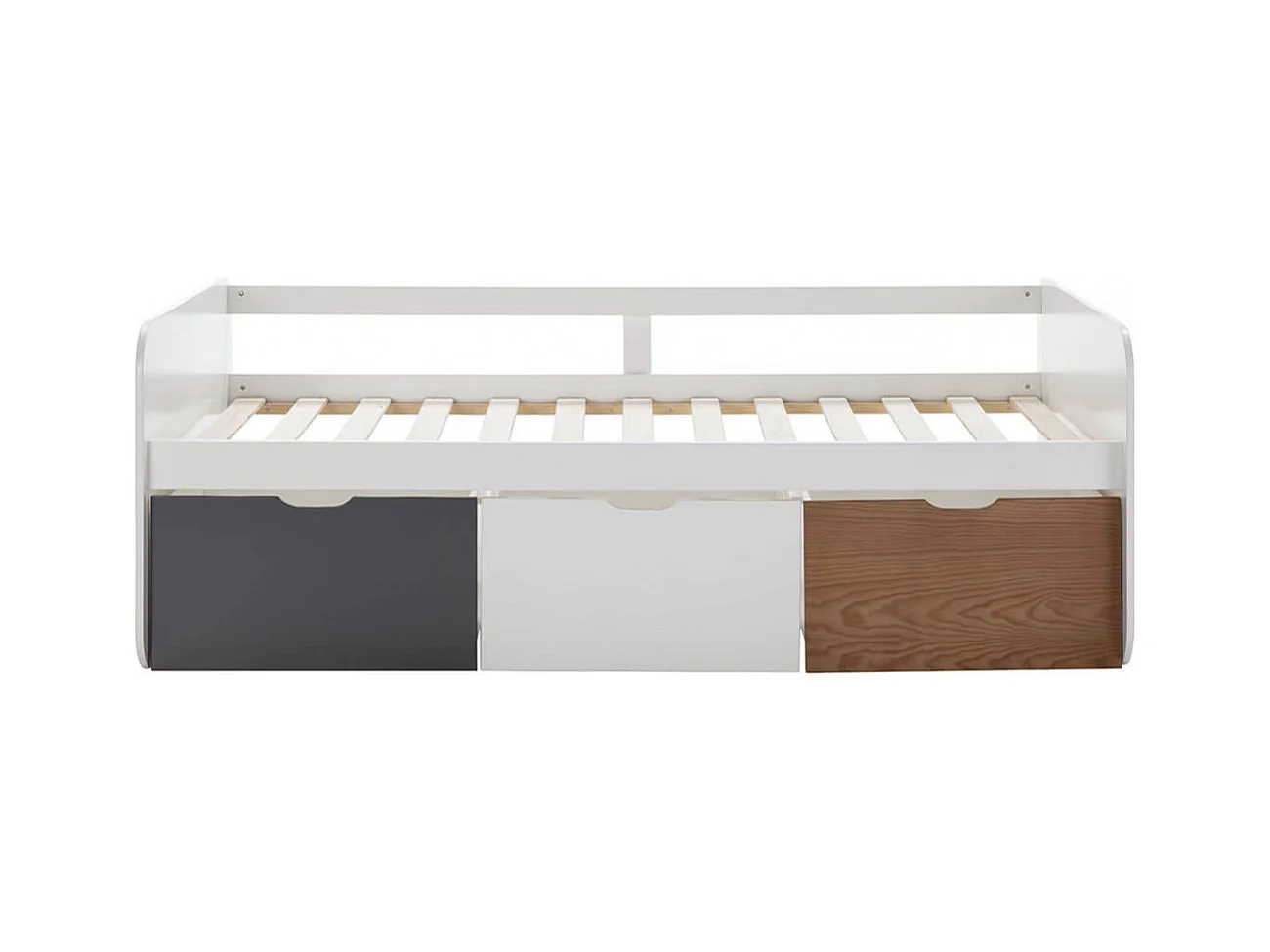 ZELLA - Lit 90x190cm + 3 Tiroirs Blanc, Gris et Effet Bois