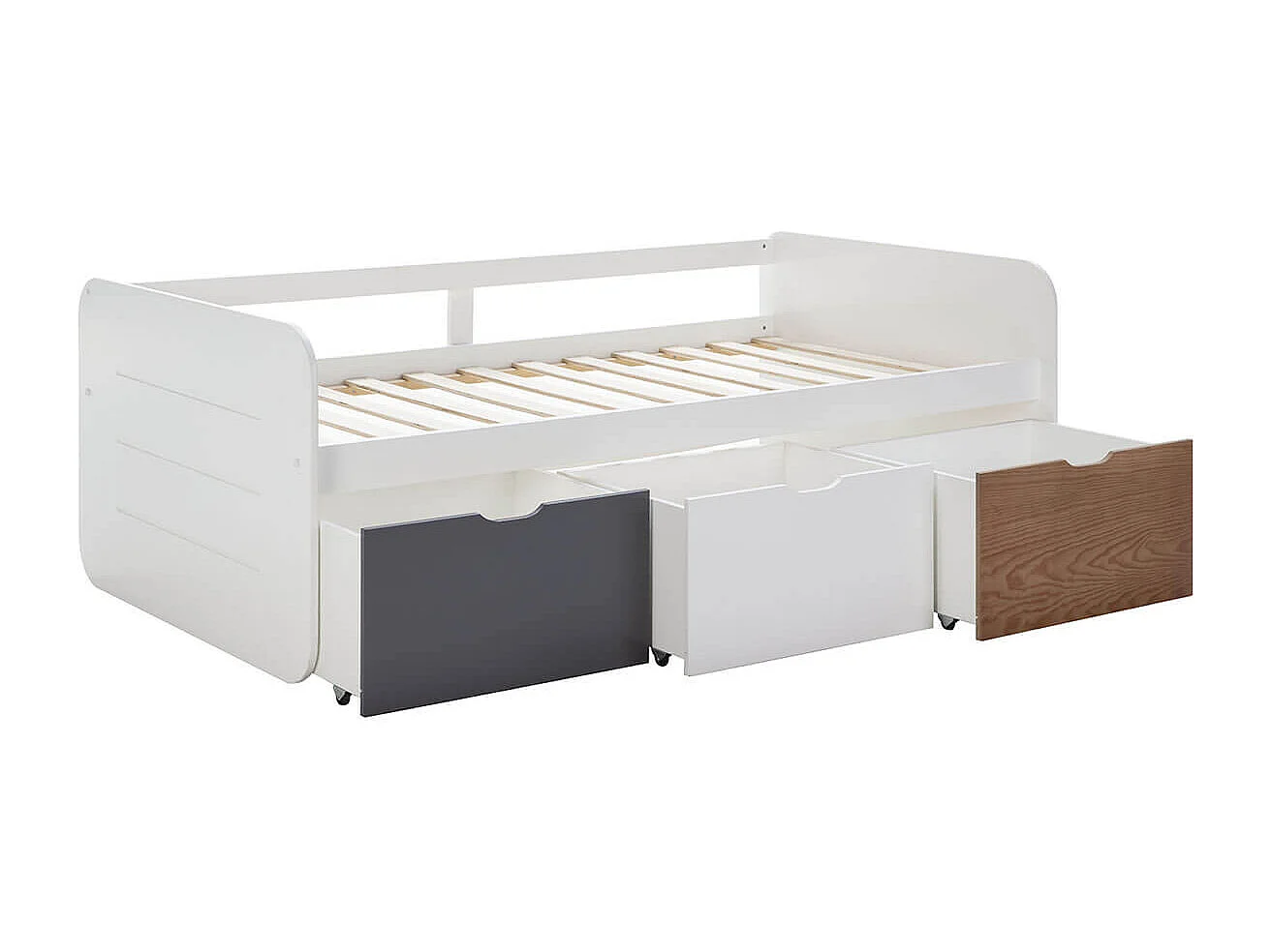 ZELLA - Lit 90x190cm + 3 Tiroirs Blanc, Gris et Effet Bois