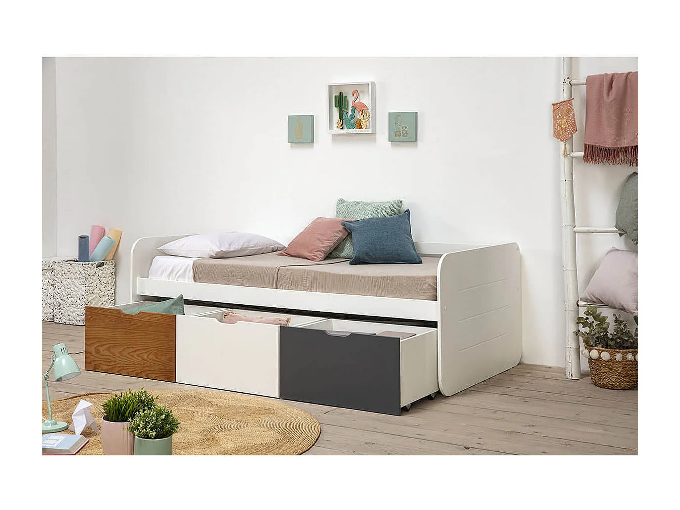 ZELLA - Lit 90x190cm + 3 Tiroirs Blanc, Gris et Effet Bois