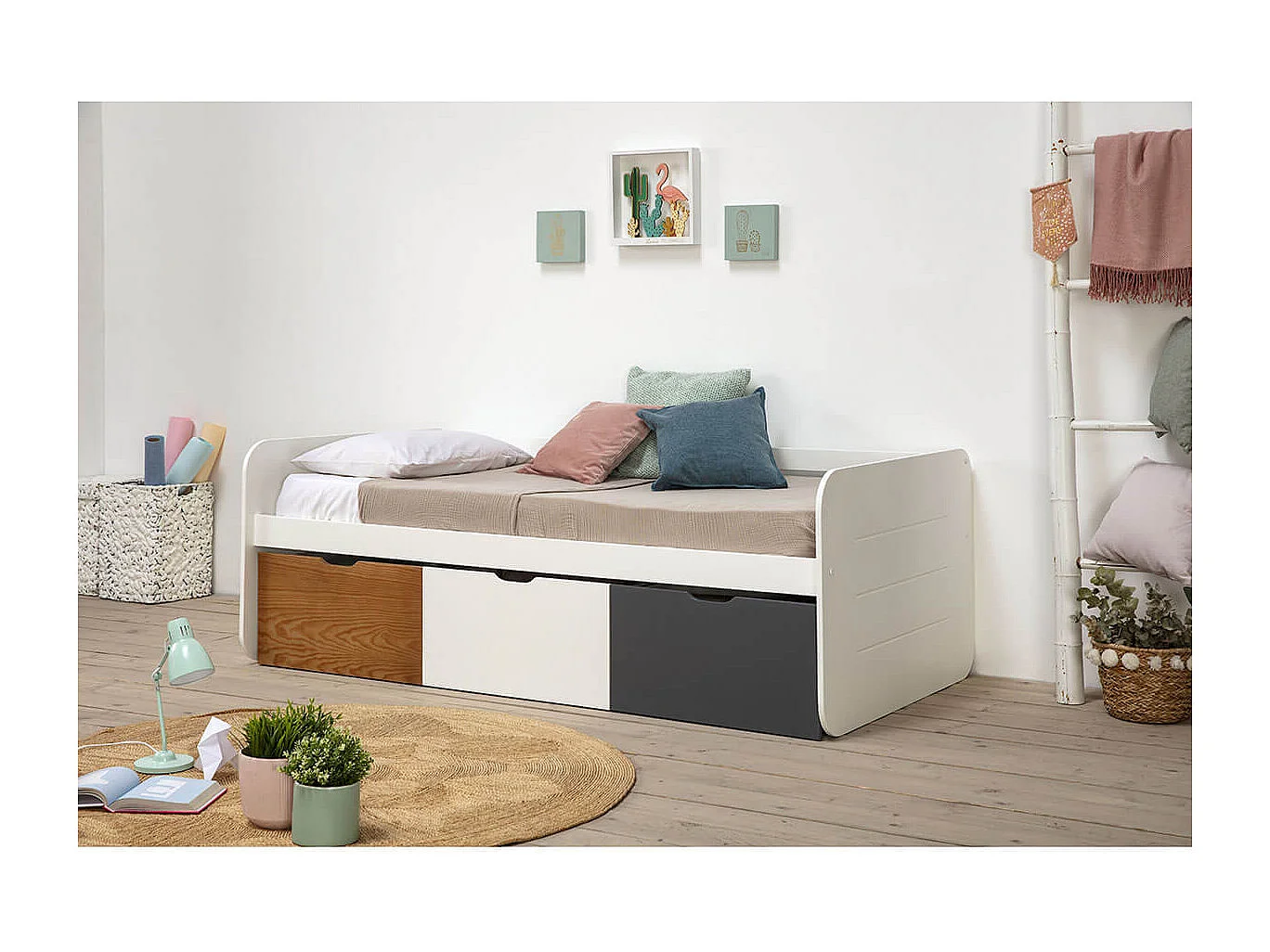 ZELLA - Lit 90x190cm + 3 Tiroirs Blanc, Gris et Effet Bois