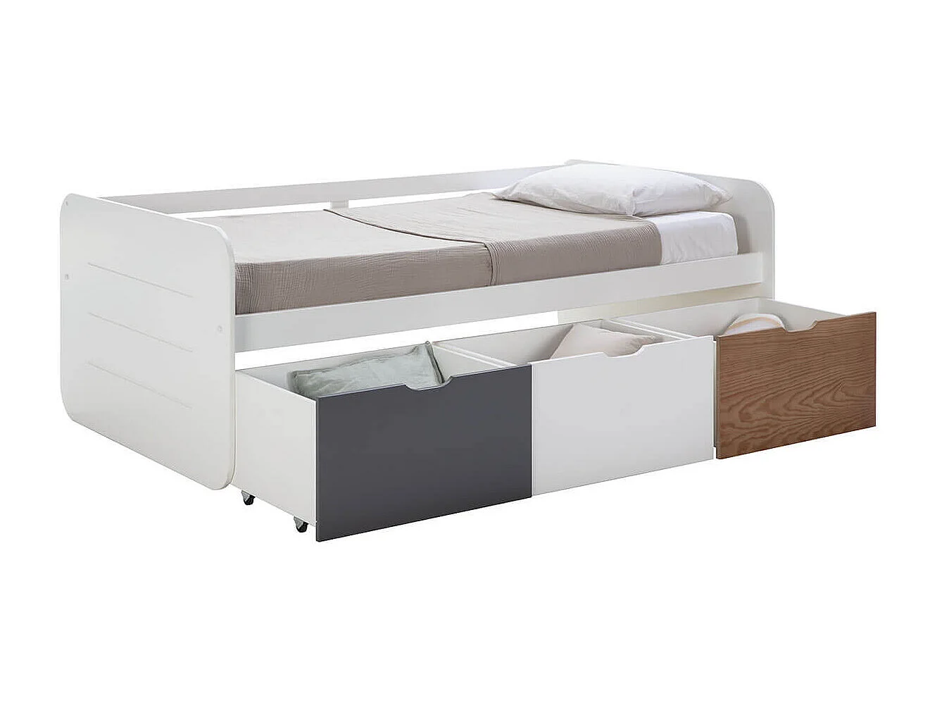 ZELLA - Lit 90x190cm + 3 Tiroirs Blanc, Gris et Effet Bois