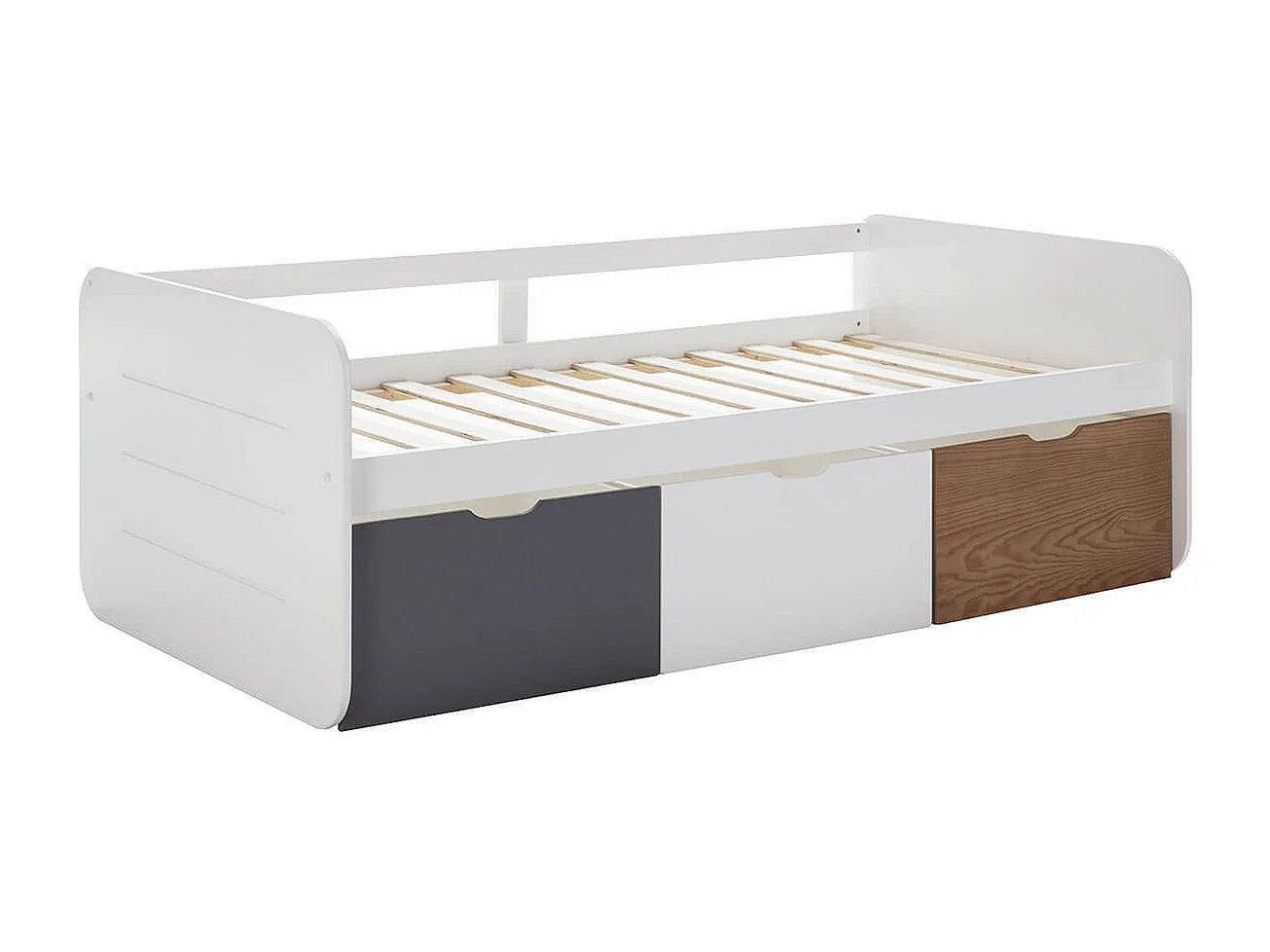 ZELLA - Lit 90x190cm + 3 Tiroirs Blanc, Gris et Effet Bois