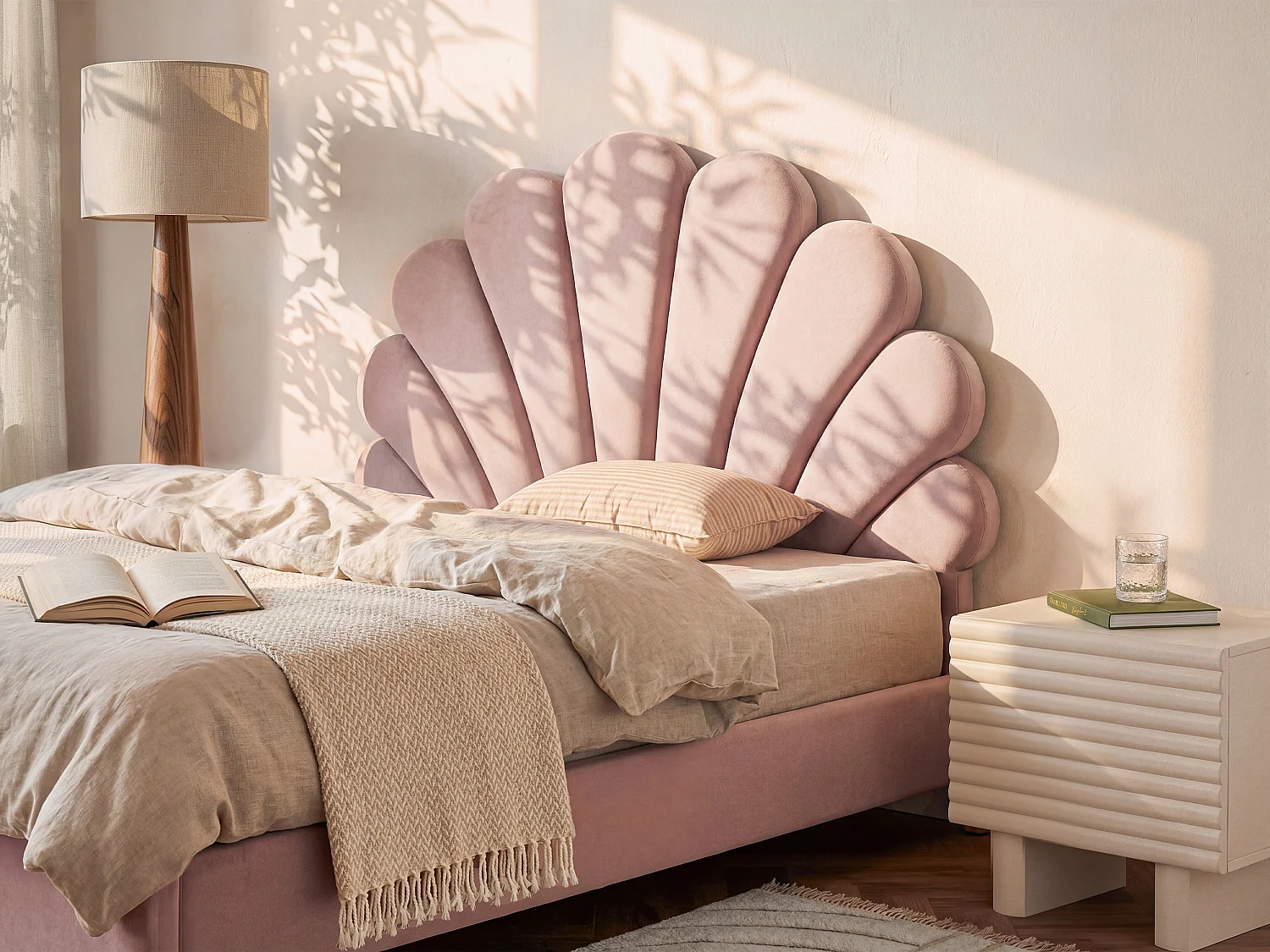 Testata letto conchiglia 110 cm Velluto Rosa - MOANA