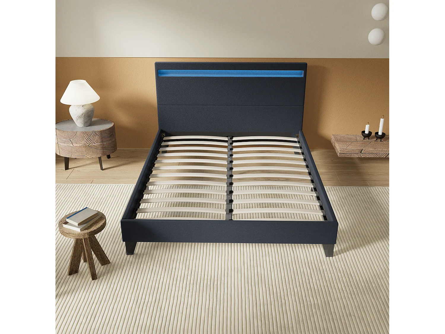 Lit 140x190cm avec tête de lit à éclairage LED noir