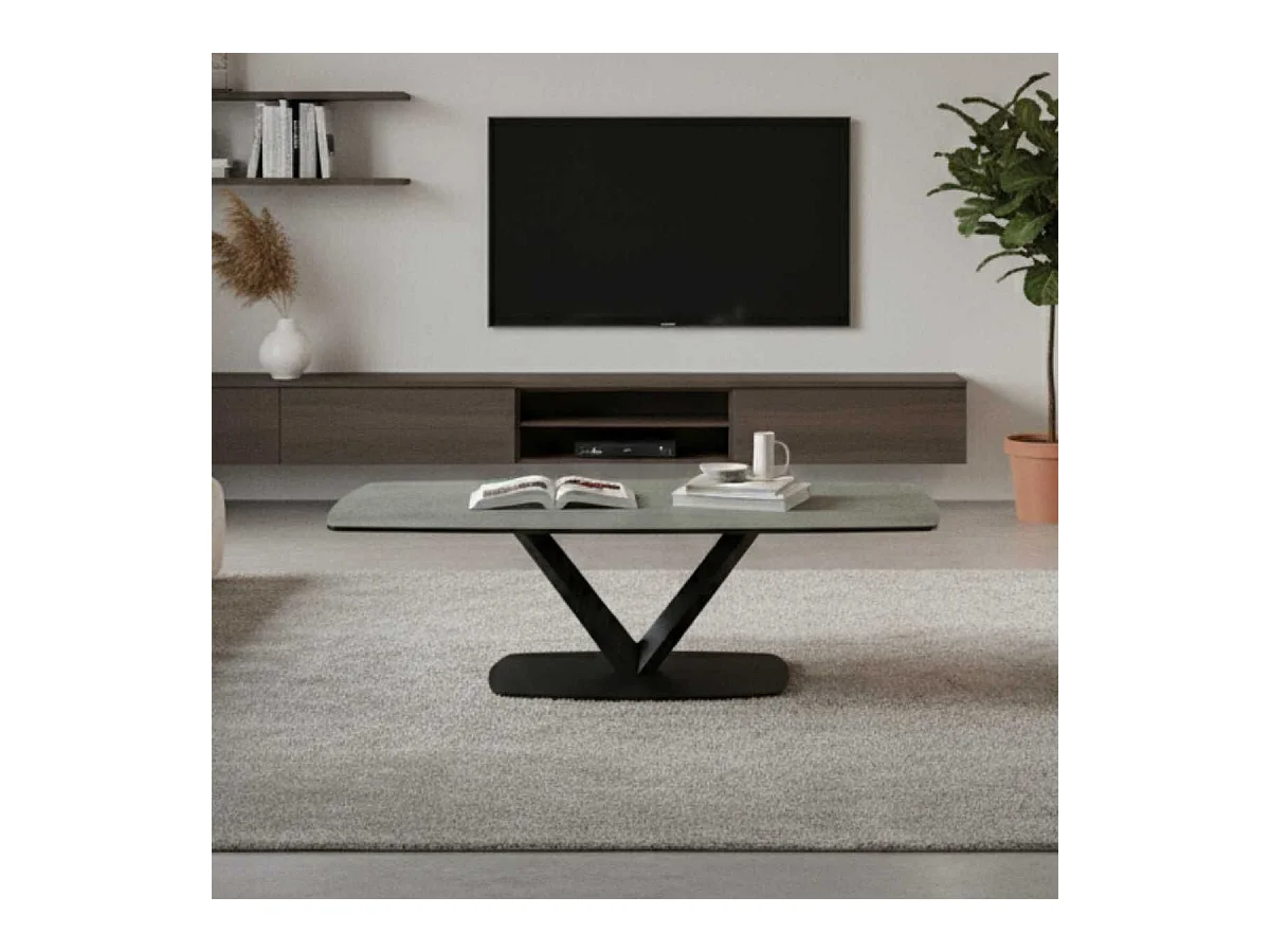 KARU - Table Basse Aspect Céramique Grise Pied Central V