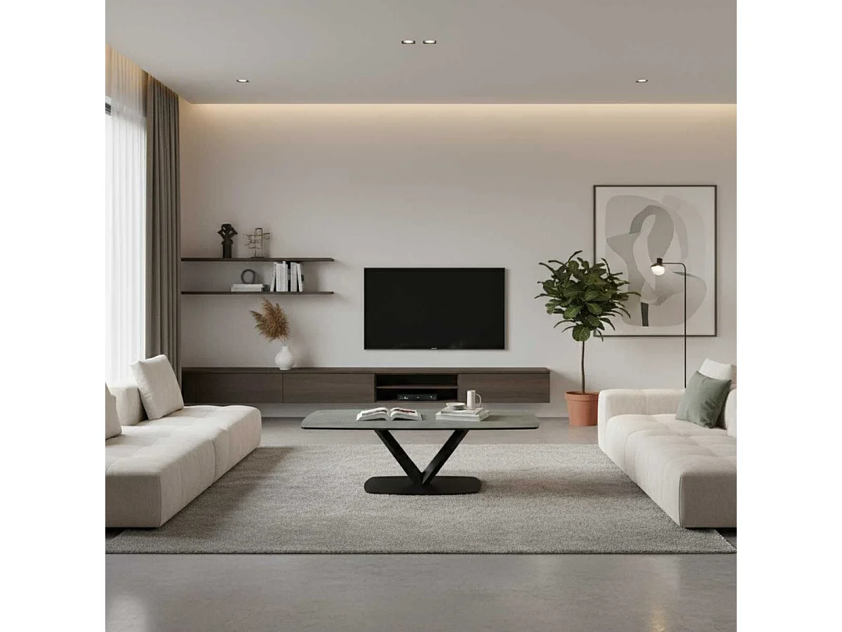 KARU - Table Basse Aspect Céramique Grise Pied Central V