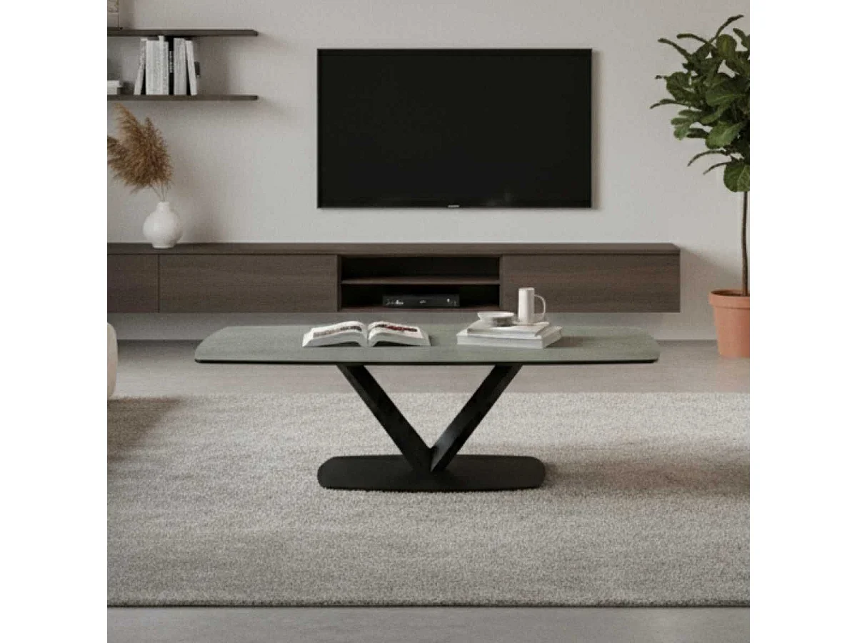 KARU - Table Basse Aspect Céramique Grise Pied Central V