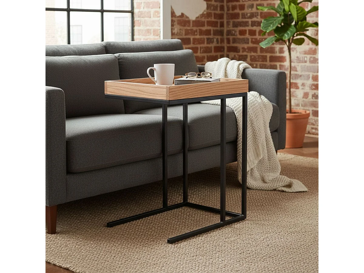 RENO - Table d'Appoint Effet Chêne et Métal Noir