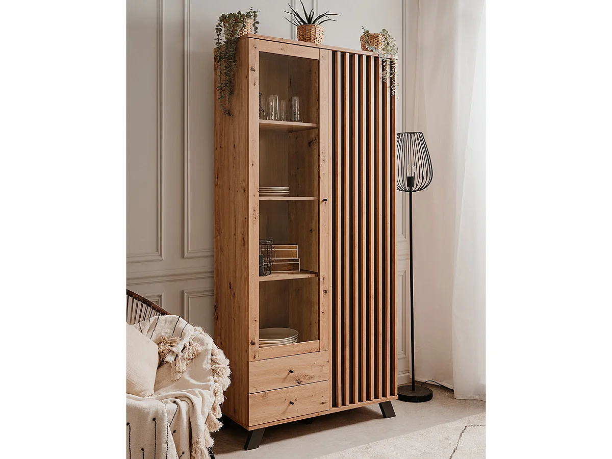 Vaisselier 2 portes 2 tiroirs effet chêne 92 cm - Flavia