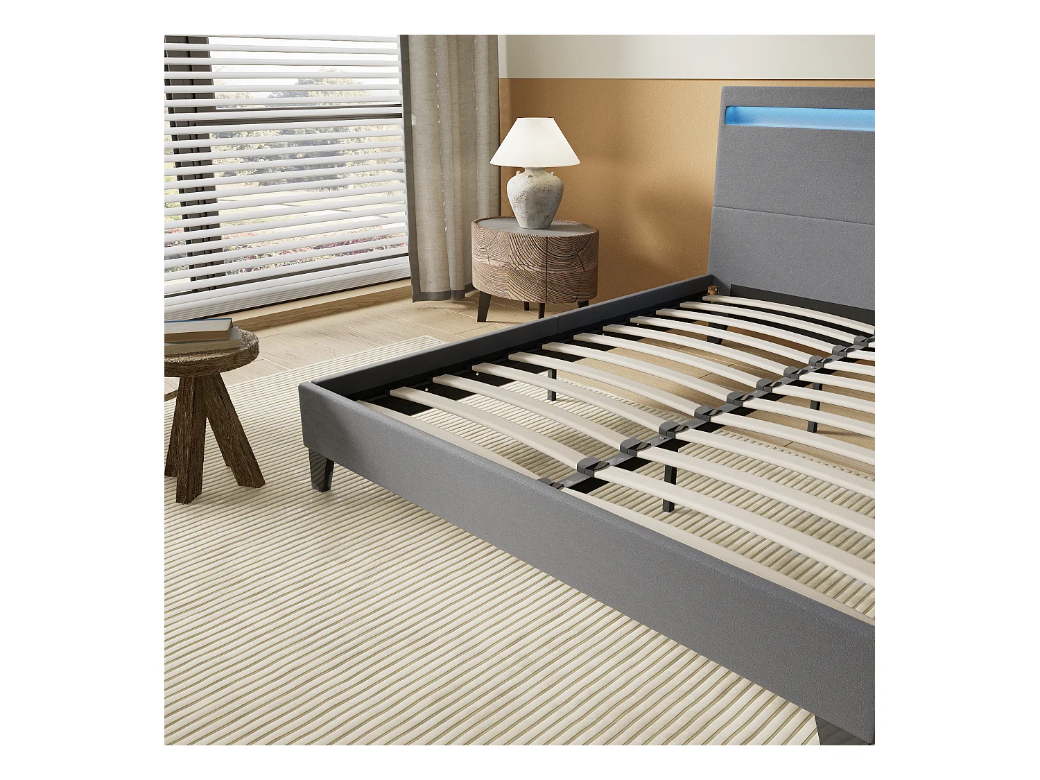 Lit 140x200cm avec tête de lit à éclairage LED gris