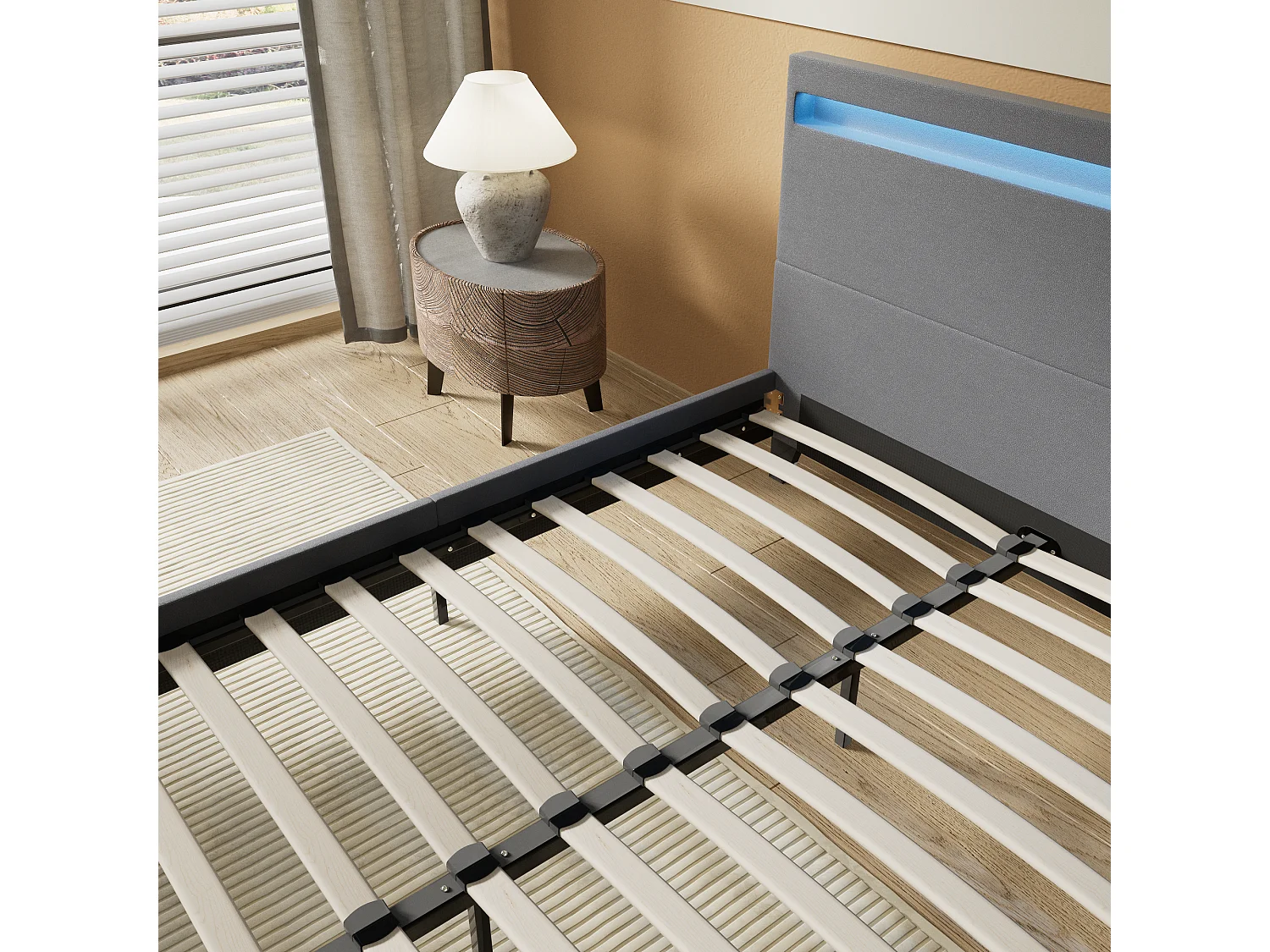 Lit 140x200cm avec tête de lit à éclairage LED gris