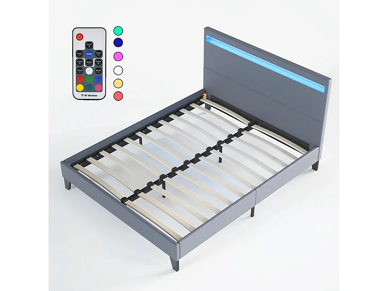 Lit 140x200cm avec tête de lit à éclairage LED gris