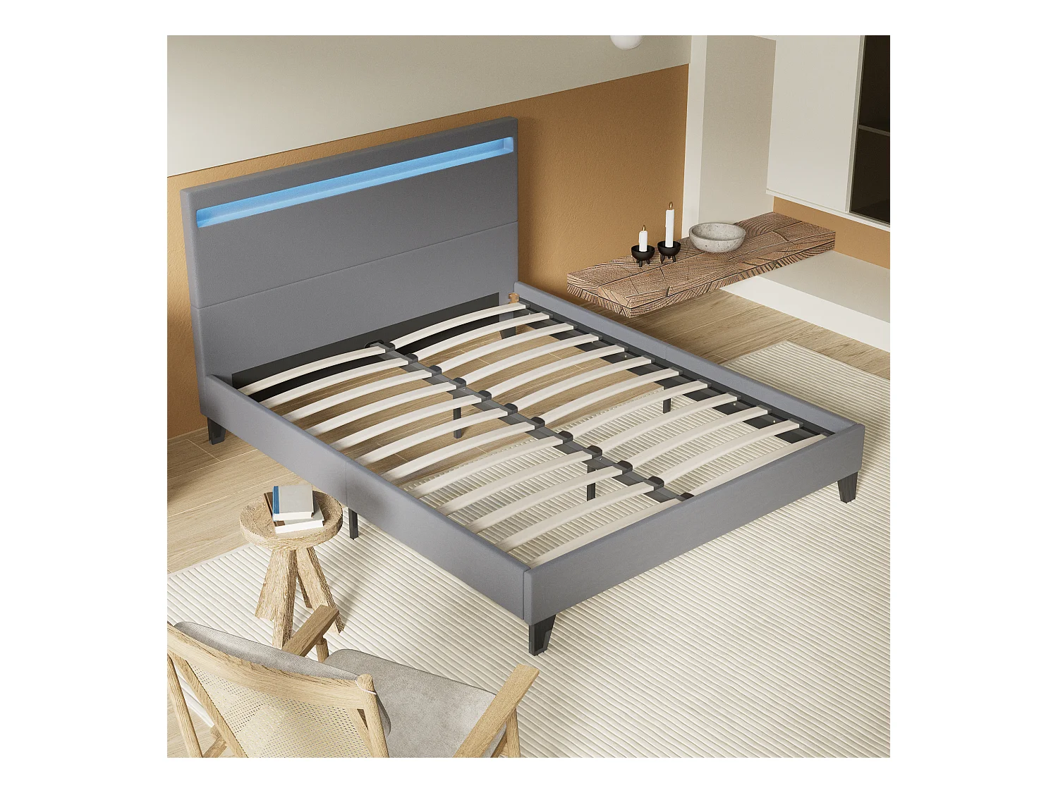 Lit 120x190cm avec tête de lit à éclairage LED gris