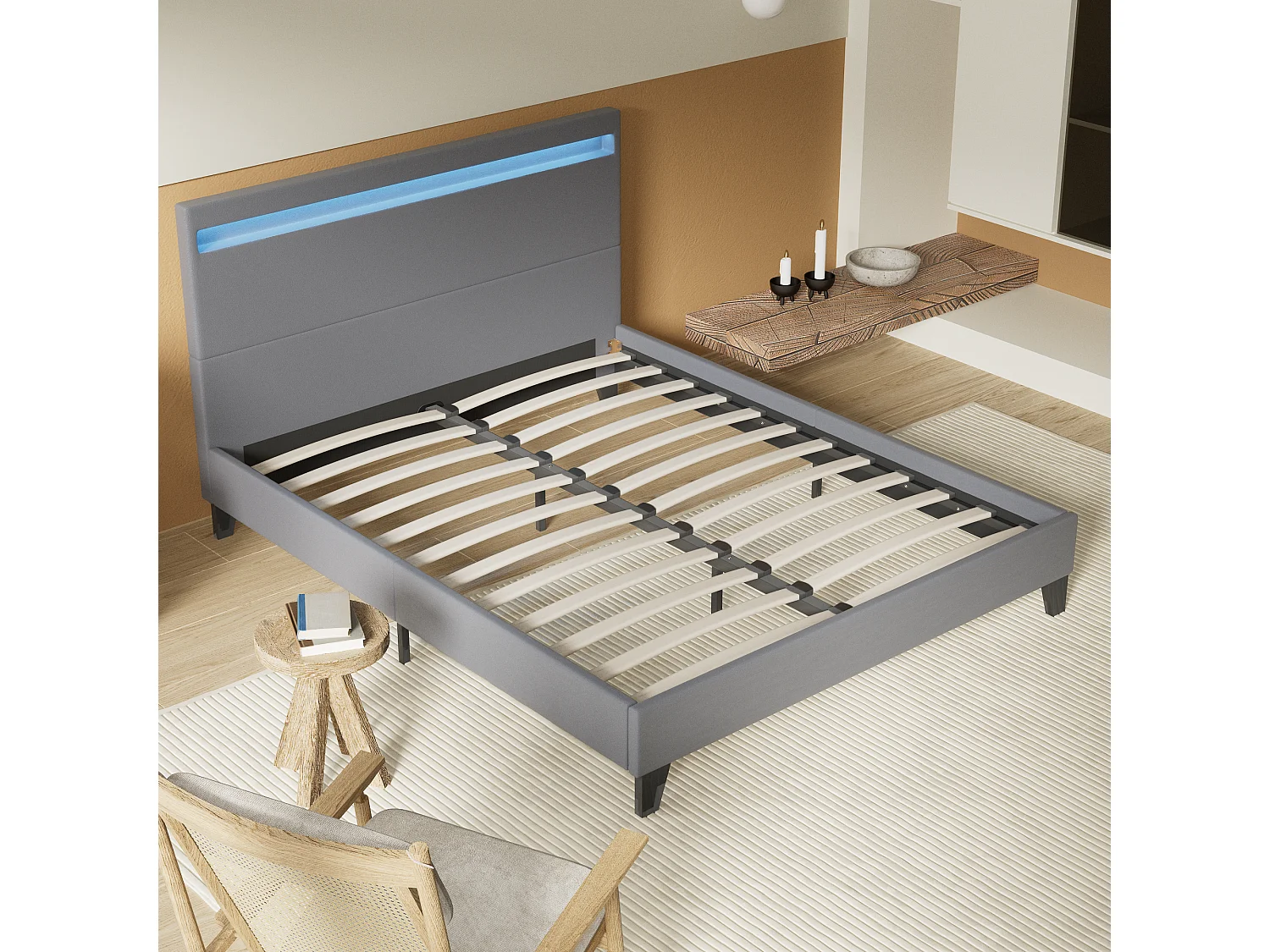 Lit 120x190cm avec tête de lit à éclairage LED gris