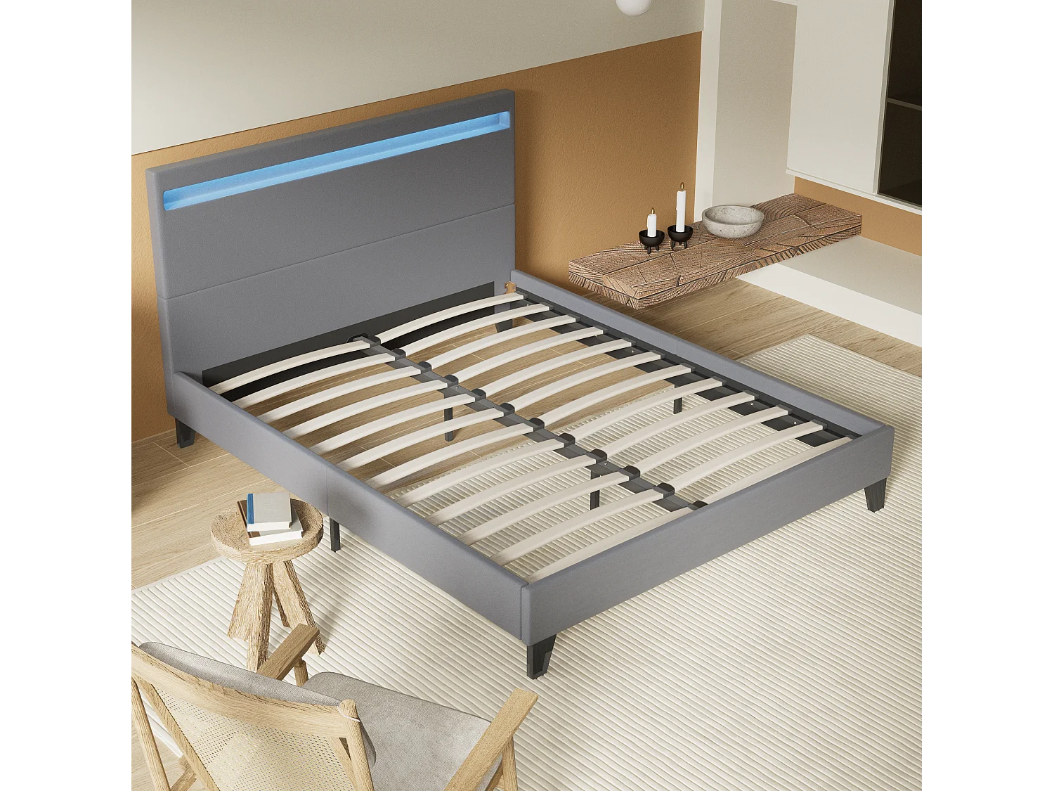 Lit 120x190cm avec tête de lit à éclairage LED gris