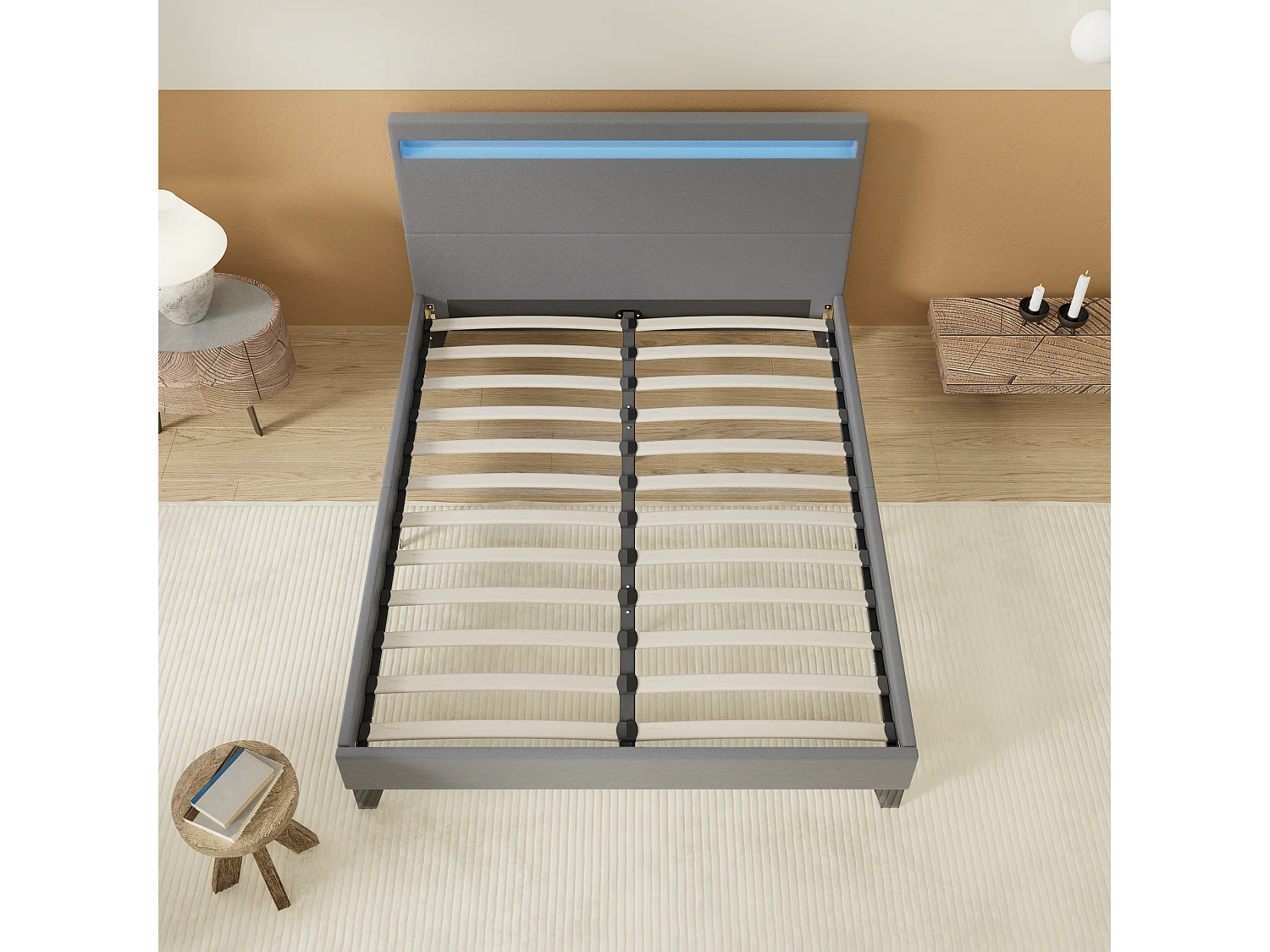 Lit 120x190cm avec tête de lit à éclairage LED gris