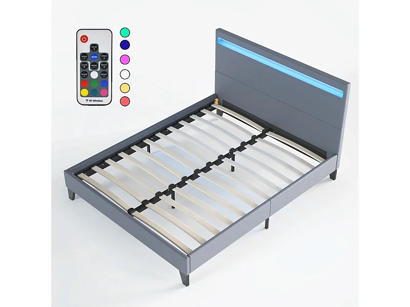Lit 140x190cm avec tête de lit à éclairage LED gris