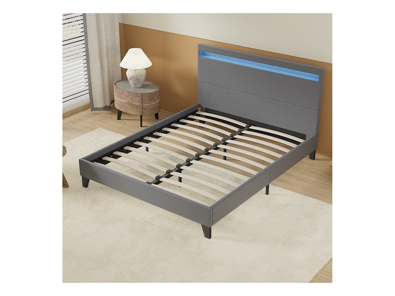 Lit 140x190cm avec tête de lit à éclairage LED gris