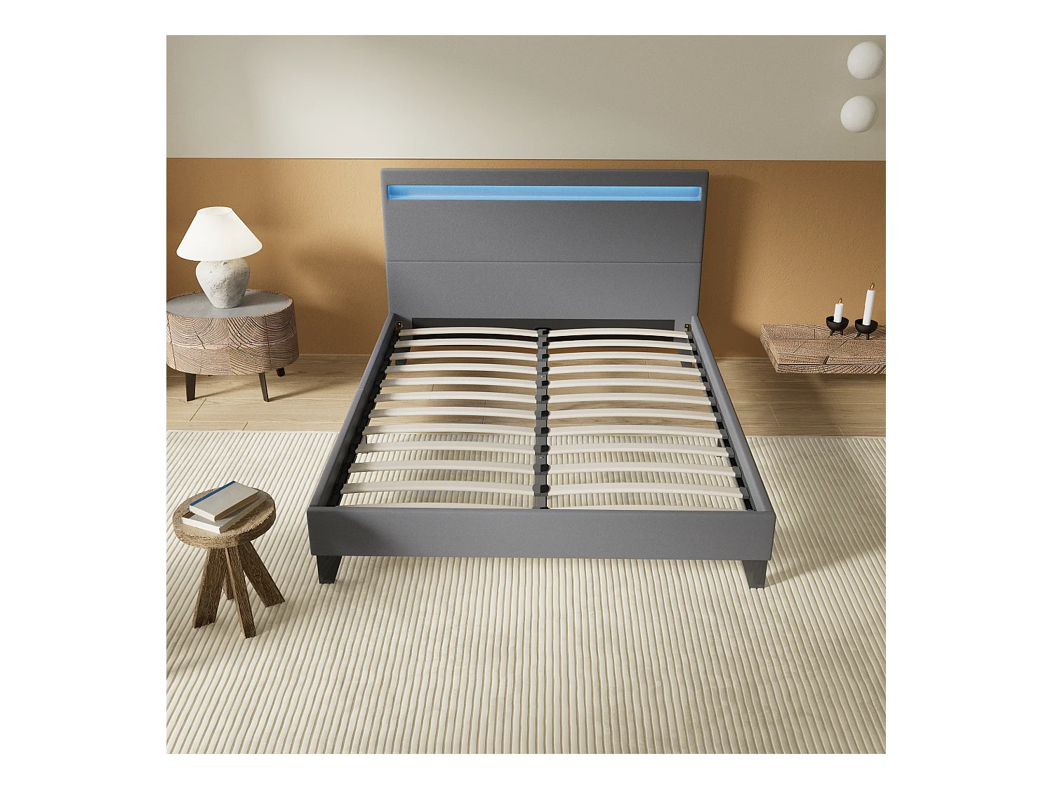 Lit 140x190cm avec tête de lit à éclairage LED gris