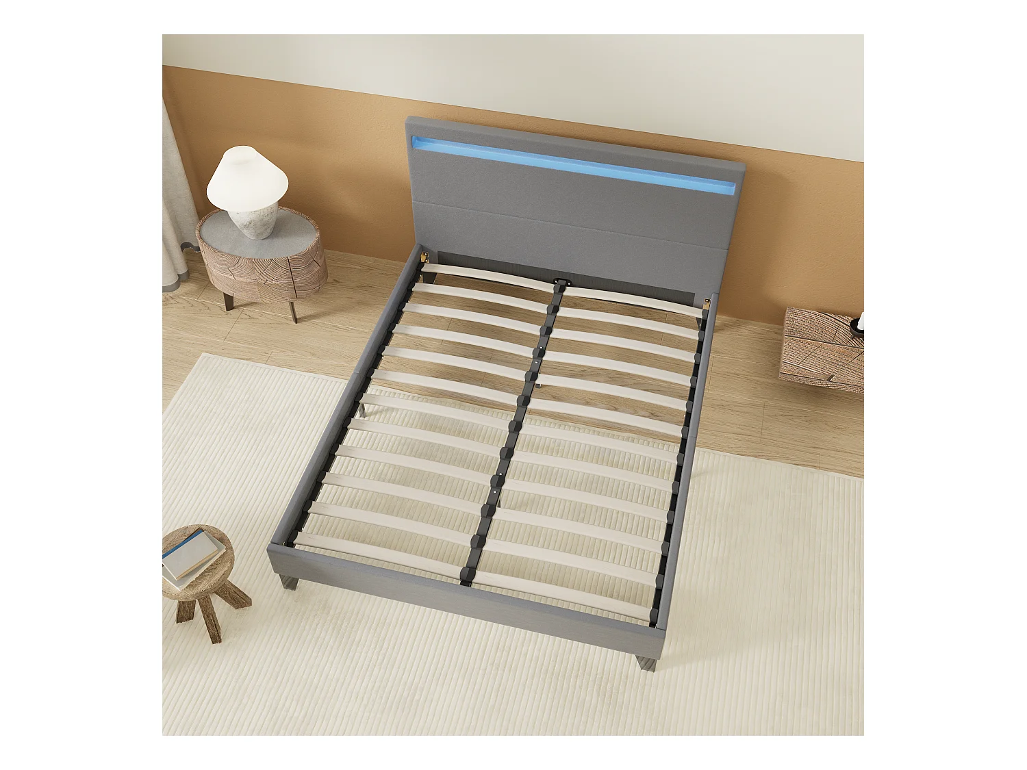 Lit 140x190cm avec tête de lit à éclairage LED gris