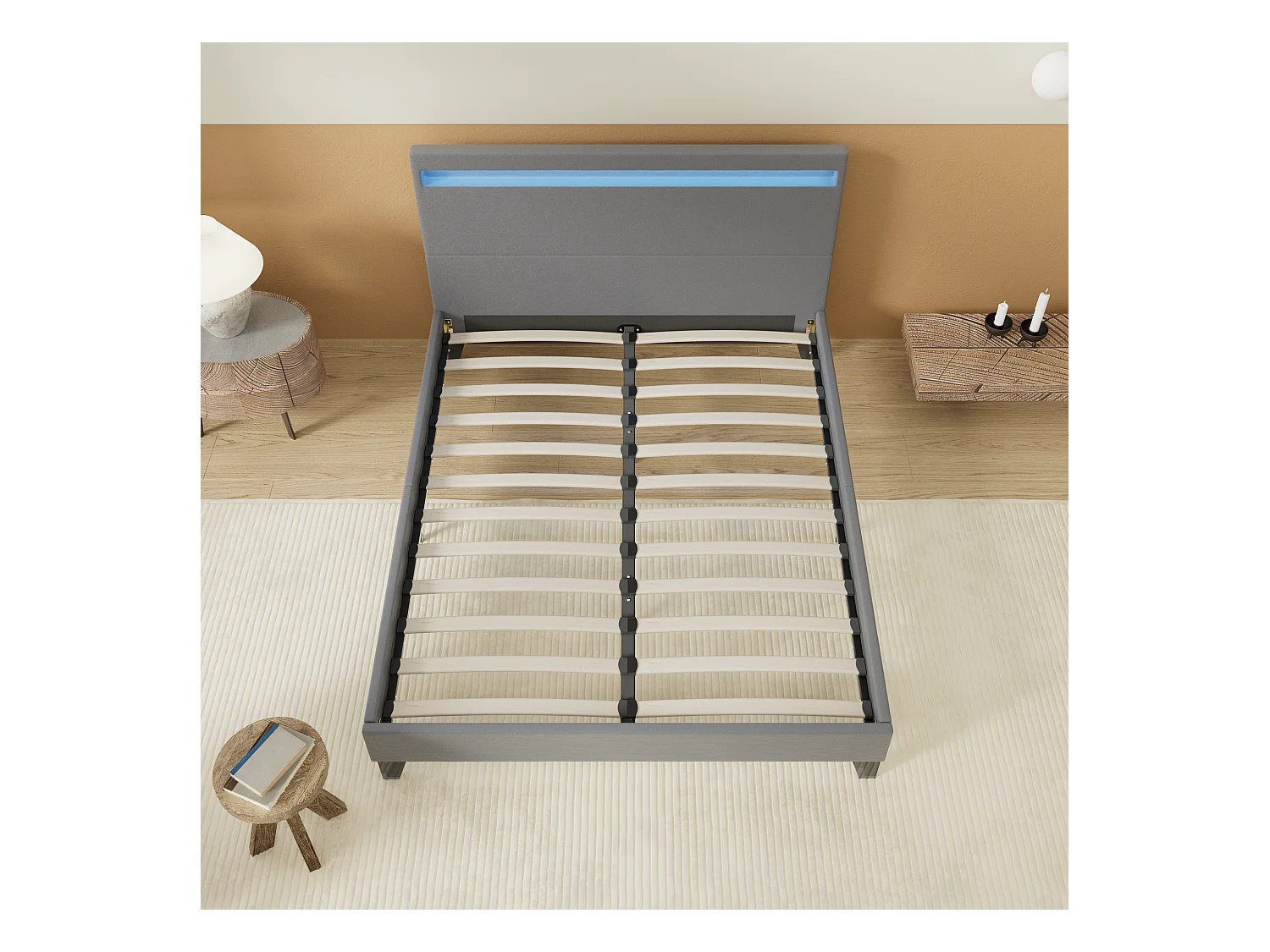 Lit 140x190cm avec tête de lit à éclairage LED gris