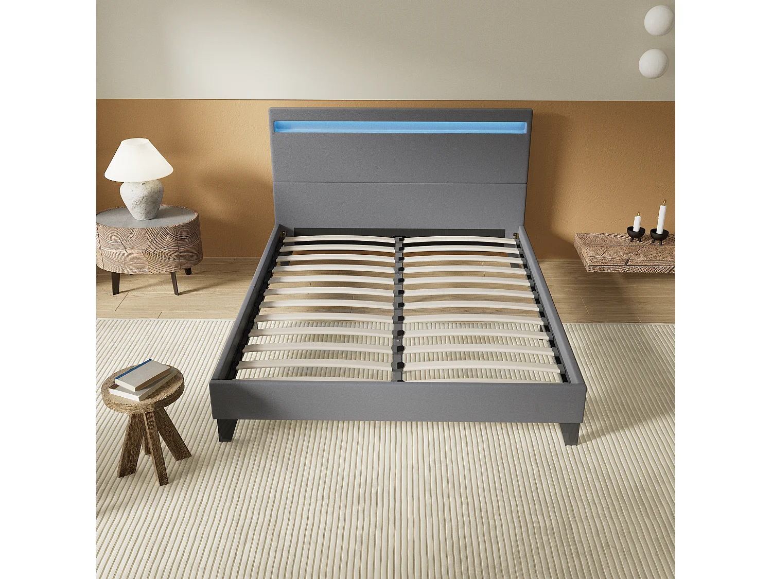 Lit 140x190cm avec tête de lit à éclairage LED gris