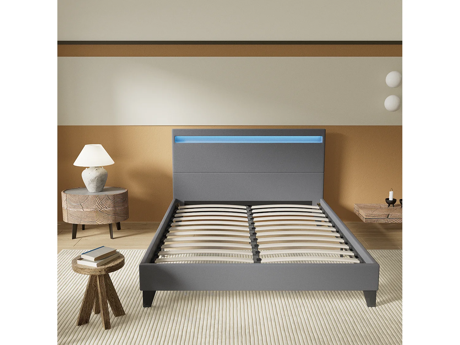 Lit 140x190cm avec tête de lit à éclairage LED gris