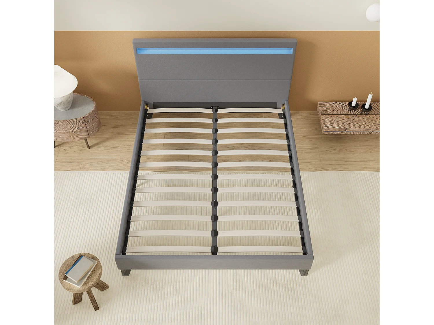 Lit 140x190cm avec tête de lit à éclairage LED gris