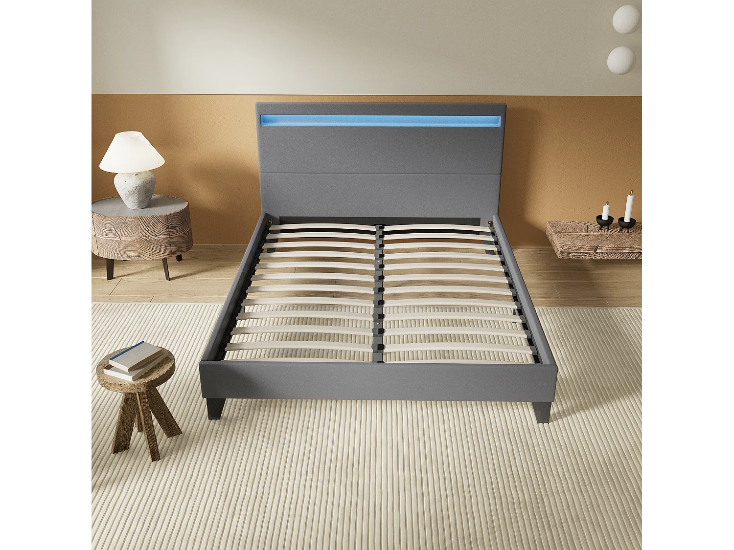 Lit 140x190cm avec tête de lit à éclairage LED gris