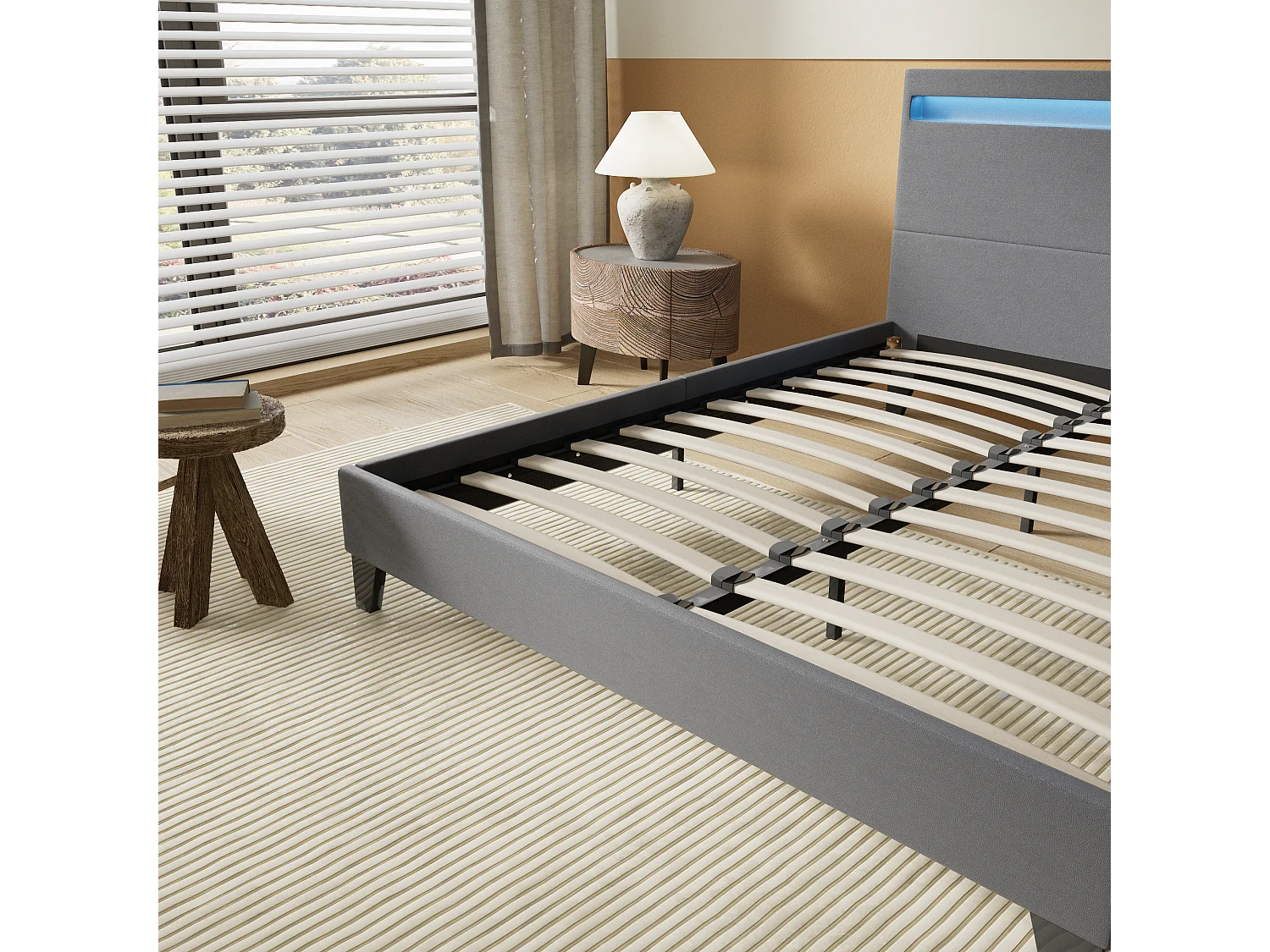 Lit 140x190cm avec tête de lit à éclairage LED gris