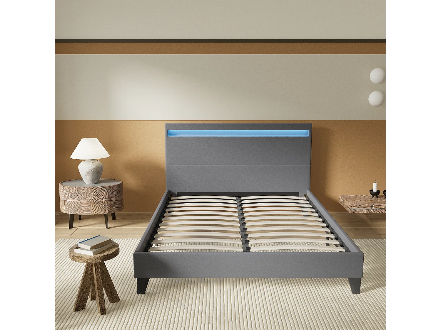 Lit 140x190cm avec tête de lit à éclairage LED gris