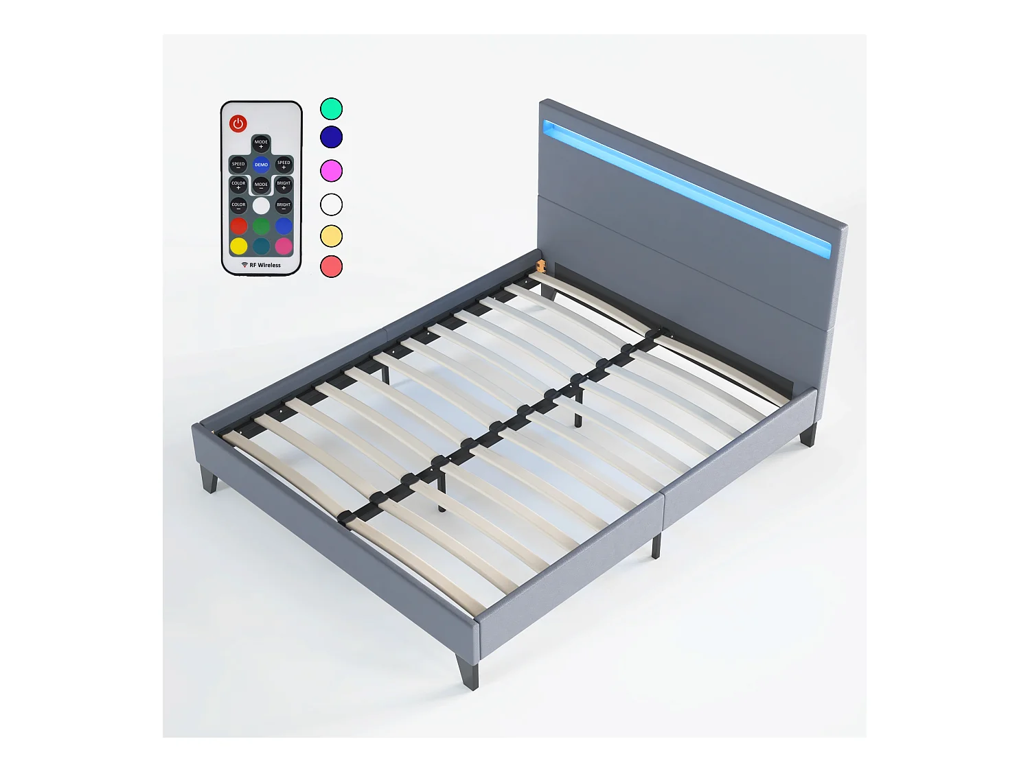 Lit 160x200cm avec tête de lit à éclairage LED gris