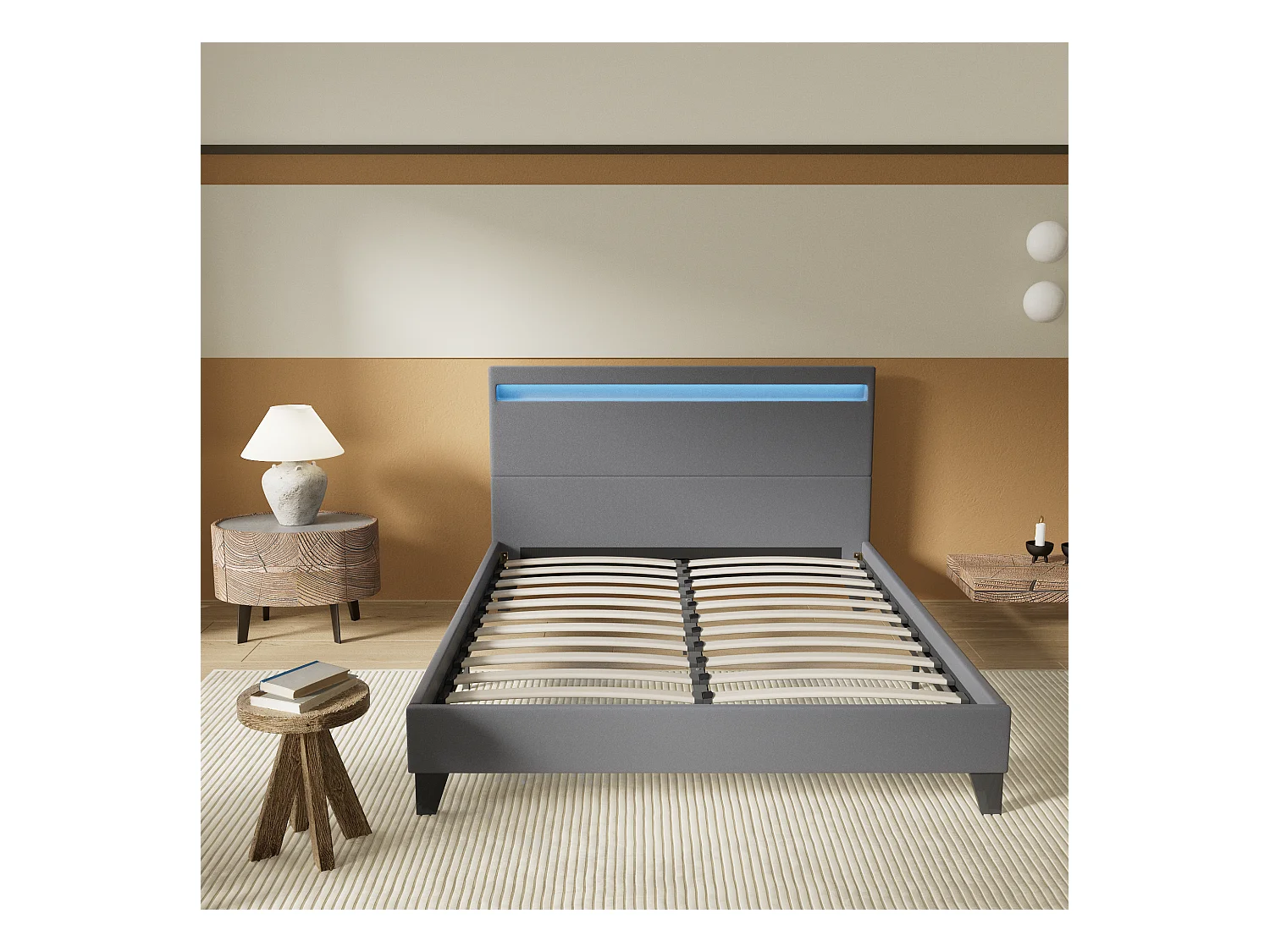 Lit 160x200cm avec tête de lit à éclairage LED gris